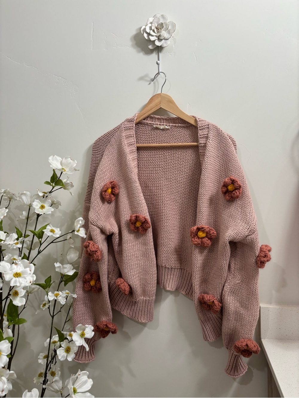 Floral Pom-Pom Knit Cardigan